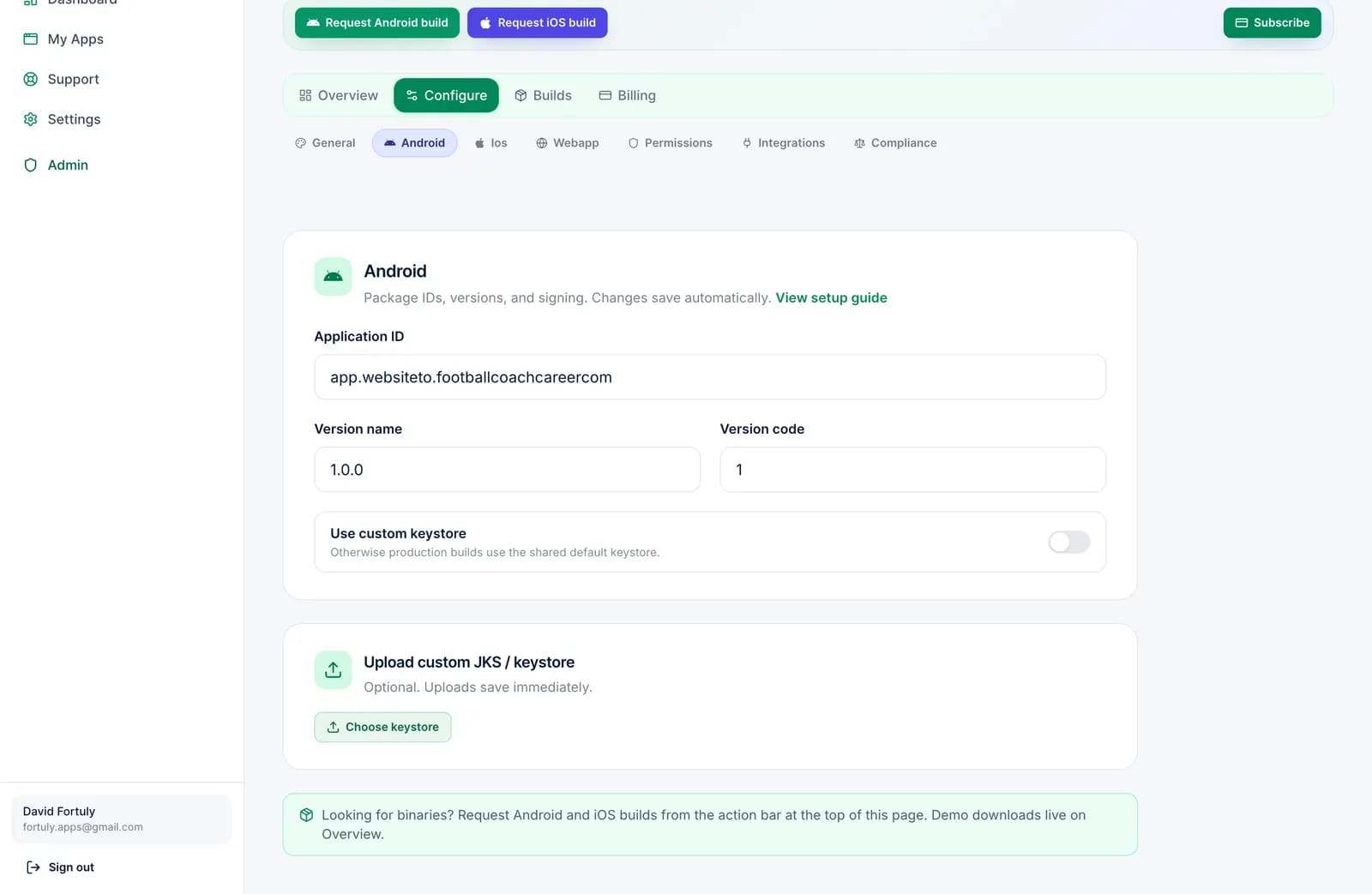 Android configuration screen in the app editor