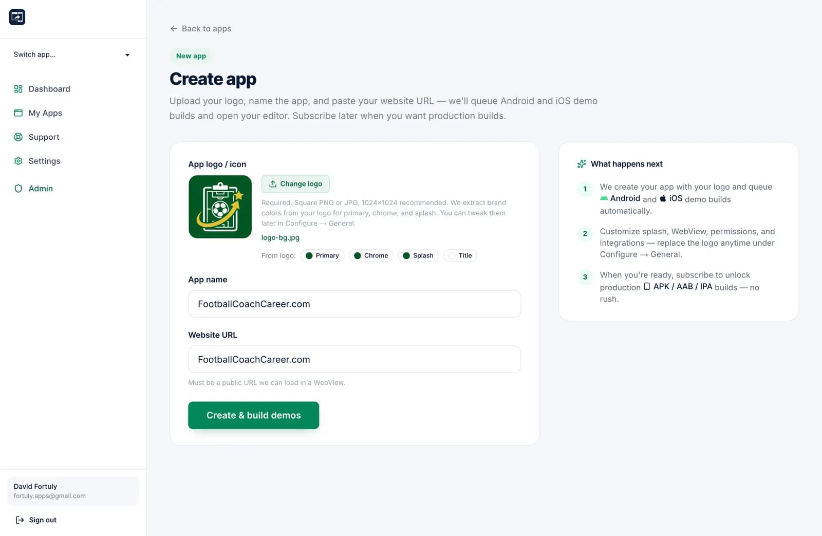 Create app form with website URL and app name fields