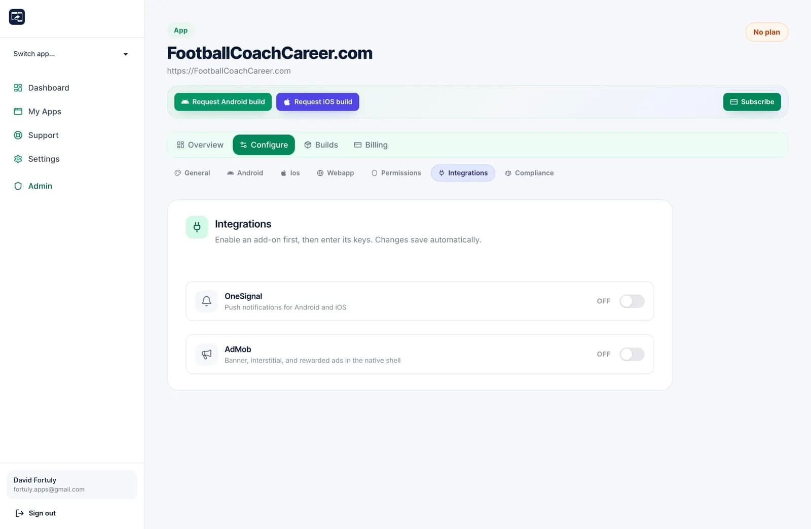 App editor add-ons panel for OneSignal and AdMob