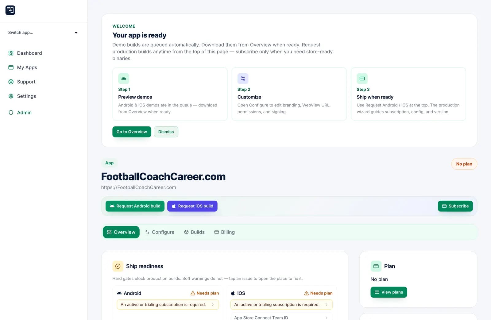 App editor overview with branding and configuration sections